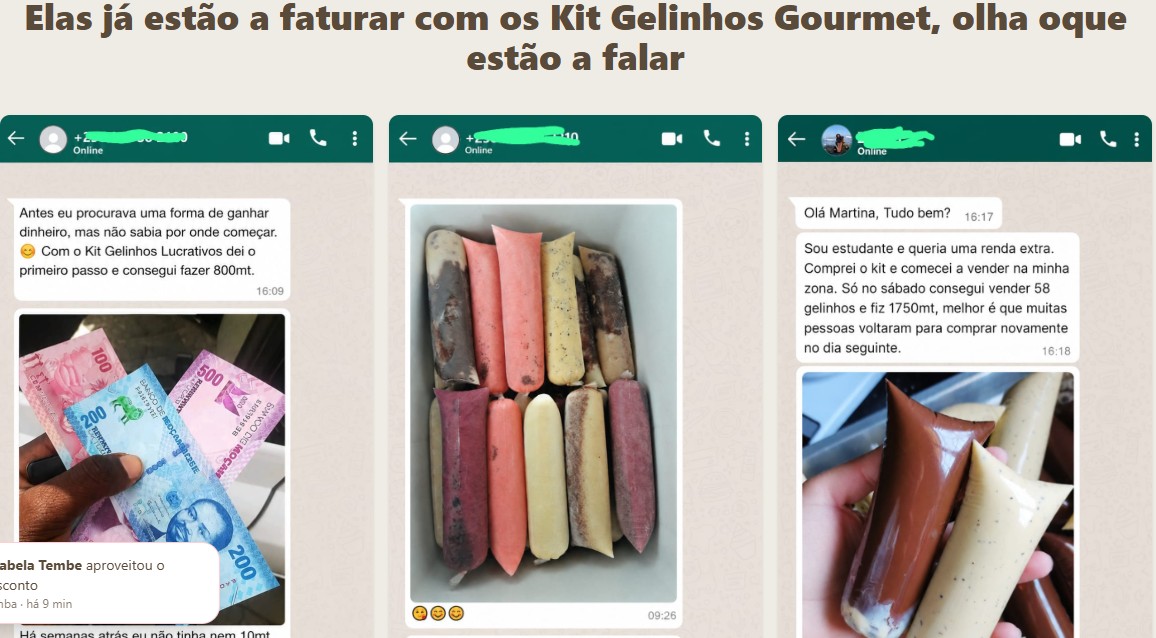 Conversas de WhatsApp com resultados de vendas de sorvetes e picolés