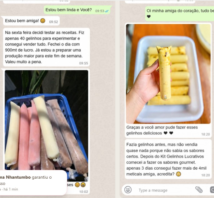 Conversas de WhatsApp com resultados de vendas de sorvetes e picolés